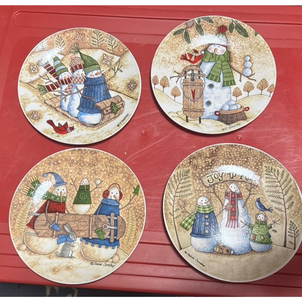 Tricia Santry Snowman Winter Scene Christmas Plate Dessert 7.75 Inch Set of 4